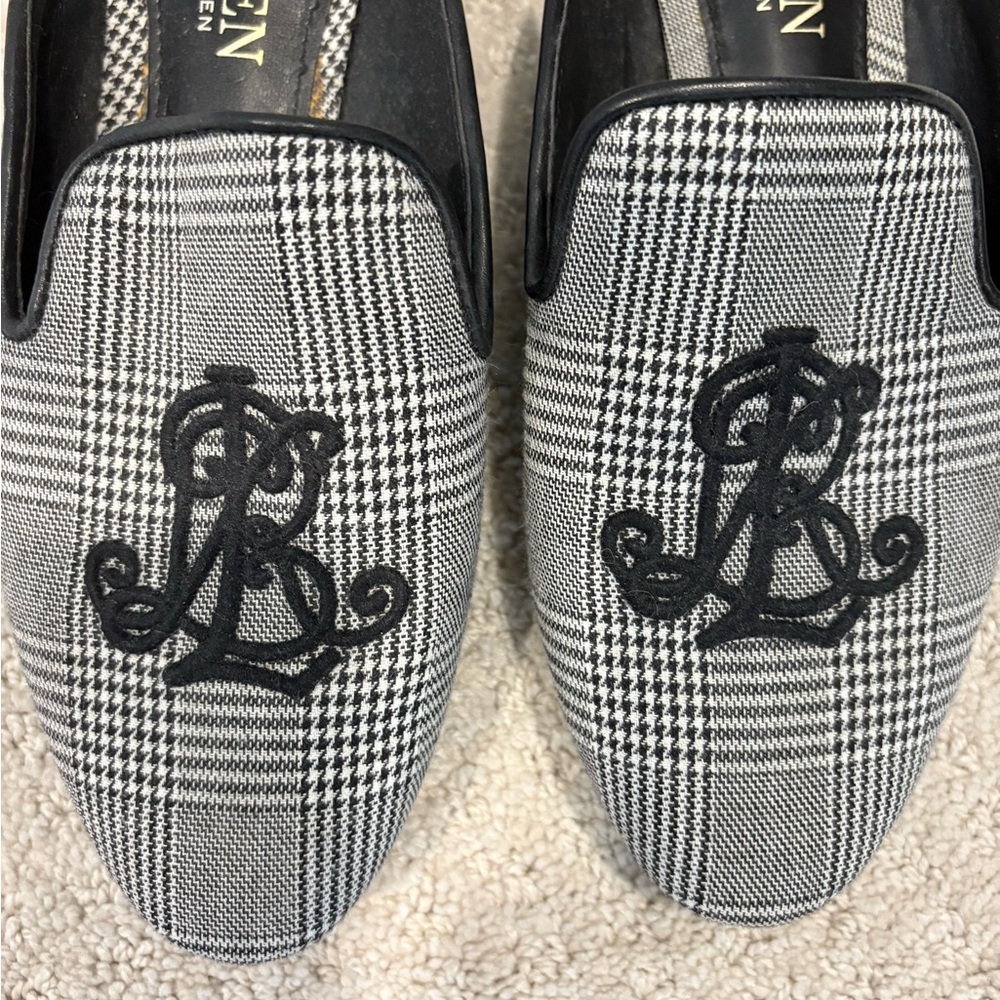 Ralph Lauren Black & Gray Plaid Embroidered Slip-On Loafers - Picture 3 of 5